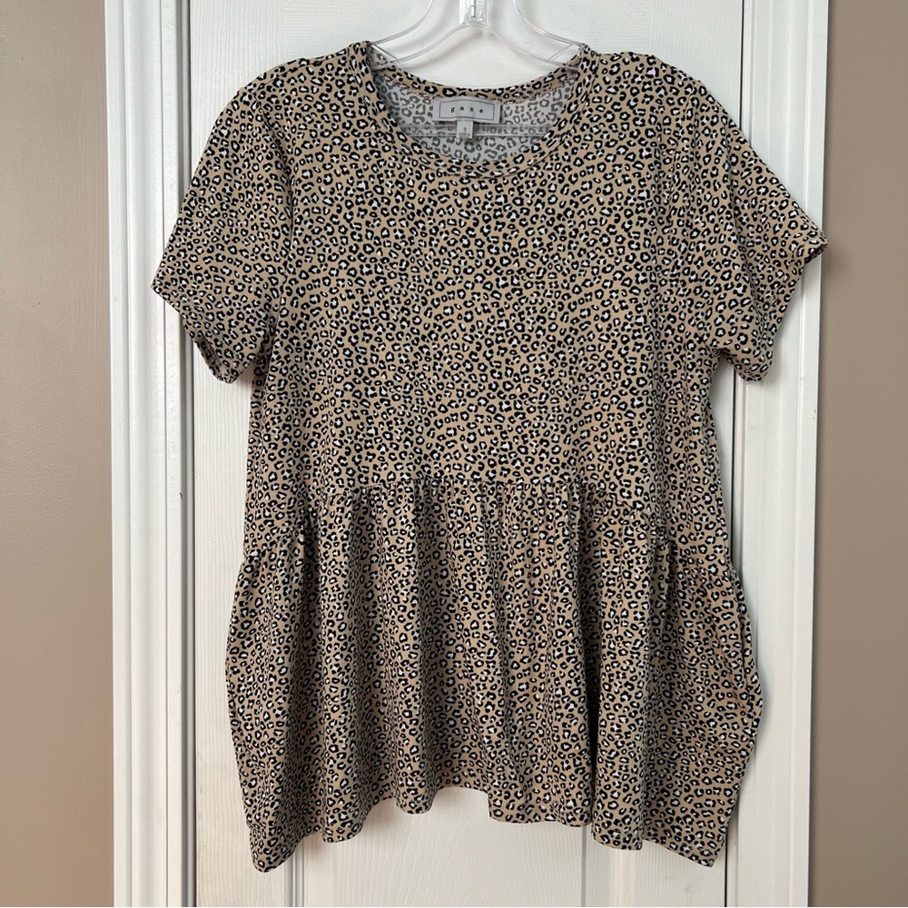 Gaze Leopard Print Short Sleeve Relaxed Peplum Top Size S